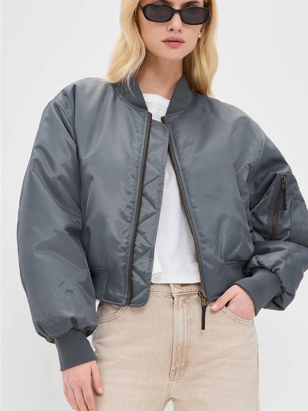 Anine Bing Cropped Leon Gray Bomber Jacket